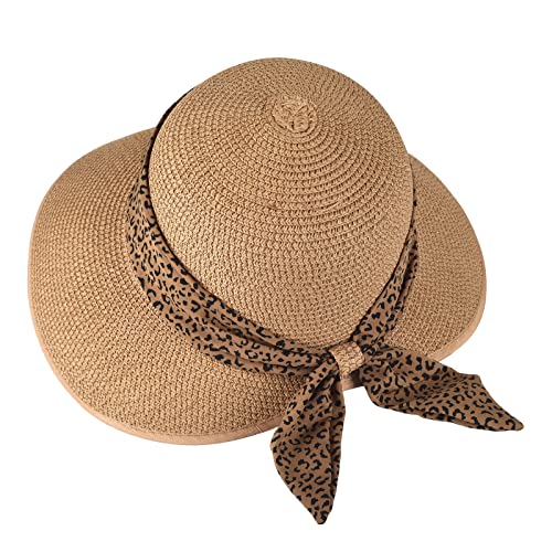 Straw Sun Hat for Women Summer Beach Wide Brim UV Protection Hats with Chin Strap Leopard Khaki Floppy Foldable Packable Ladies Fashion Cute Travel UPF 50 Cap sombreros de playa para mujer para el sol