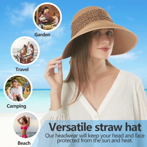 Straw Sun Hat for Women Summer Beach Wide Brim UV Protection Hats with Chin Strap Leopard Khaki Floppy Foldable Packable Ladies Fashion Cute Travel UPF 50 Cap sombreros de playa para mujer para el sol