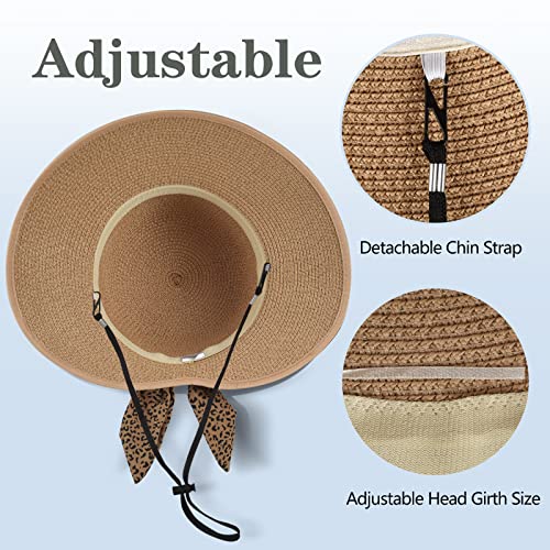 Straw Sun Hat for Women Summer Beach Wide Brim UV Protection Hats with Chin Strap Leopard Khaki Floppy Foldable Packable Ladies Fashion Cute Travel UPF 50 Cap sombreros de playa para mujer para el sol