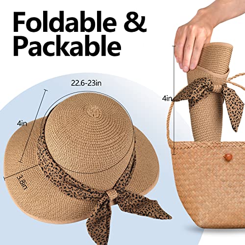 Straw Sun Hat for Women Summer Beach Wide Brim UV Protection Hats with Chin Strap Leopard Khaki Floppy Foldable Packable Ladies Fashion Cute Travel UPF 50 Cap sombreros de playa para mujer para el sol