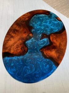 oval shape epoxy coffee table with blue resin river, custom round acacia wood side circle, wide blue resin river, blue river epoxy table (18x18)