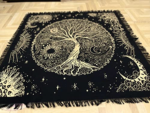 Indian Consigners Tree of Life Altar Cloth Tapestry Tablecloth Celtic Trees Ritual Spiritual Cloth for Sacred Places, Cotton Square Tarot Table Cover 18 by 18 Sacred Cloth