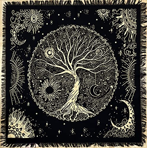 Indian Consigners Tree of Life Altar Cloth Tapestry Tablecloth Celtic Trees Ritual Spiritual Cloth for Sacred Places, Cotton Square Tarot Table Cover 18 by 18 Sacred Cloth