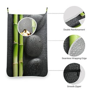 Poeticcity Black Zen Basalt Stones with Dew Green Bamboo on Dark Hanging Laundry Hamper Bag, Dirty Clothes Bag Over The Door, Wall Cloth Basket with Hooks Storage Closet for Bathroom Bedroom