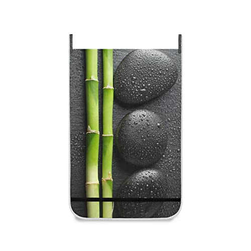 Poeticcity Black Zen Basalt Stones with Dew Green Bamboo on Dark Hanging Laundry Hamper Bag, Dirty Clothes Bag Over The Door, Wall Cloth Basket with Hooks Storage Closet for Bathroom Bedroom