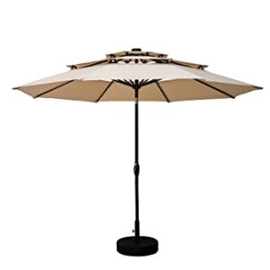 PUPZO 10FT 3 Tiers Sunbrella Patio Solar 32 LED Lighted Umbrella Outdoor with 8 Ribs (KHAKI)