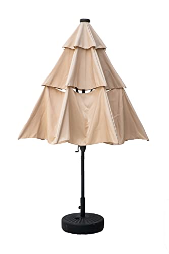 PUPZO 10FT 3 Tiers Sunbrella Patio Solar 32 LED Lighted Umbrella Outdoor with 8 Ribs (KHAKI)