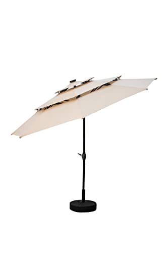 PUPZO 10FT 3 Tiers Sunbrella Patio Solar 32 LED Lighted Umbrella Outdoor with 8 Ribs (KHAKI)