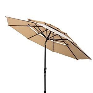 PUPZO 10FT 3 Tiers Sunbrella Patio Solar 32 LED Lighted Umbrella Outdoor with 8 Ribs (KHAKI)