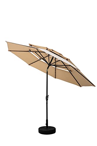 PUPZO 10FT 3 Tiers Sunbrella Patio Solar 32 LED Lighted Umbrella Outdoor with 8 Ribs (KHAKI)