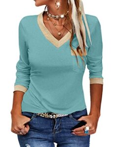dyexces womens long sleeve t shirts casual v neck color block tunic tops loose basic top lake green
