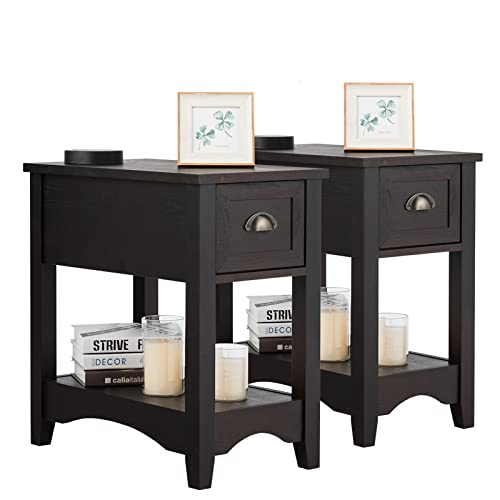 KOTEK End Table with Drawer and Open Shelf, Retro Narrow Side Table Nightstand w/Solid Wood Legs, Slim End Table for Small Space, Living Room, Bedroom, Home Office (Set of 2, Espresso)