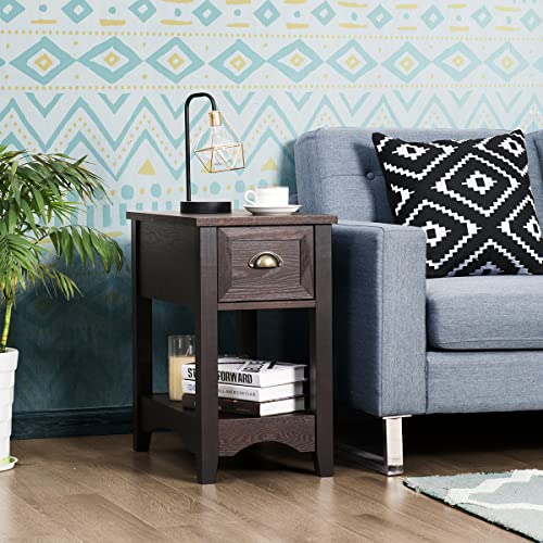 KOTEK End Table with Drawer and Open Shelf, Retro Narrow Side Table Nightstand w/Solid Wood Legs, Slim End Table for Small Space, Living Room, Bedroom, Home Office (Set of 2, Espresso)