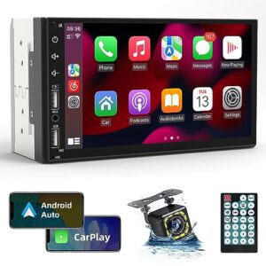 double din car stereo compatible with apple carplay&android auto, 7inch full hd capacitive touchscreen car stereo double din radio with bluetooth, camera, mirror link, fm radio, 2 usb/tf/aux/subwoofer