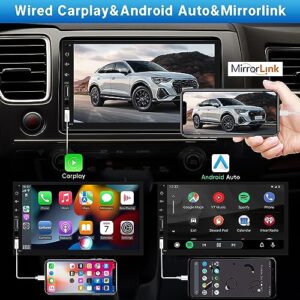 Double Din Car Stereo Compatible with Apple Carplay&Android Auto, 7inch Full HD Capacitive Touchscreen Car Stereo Double Din Radio with Bluetooth, Camera, Mirror Link, FM Radio, 2 USB/TF/AUX/Subwoofer