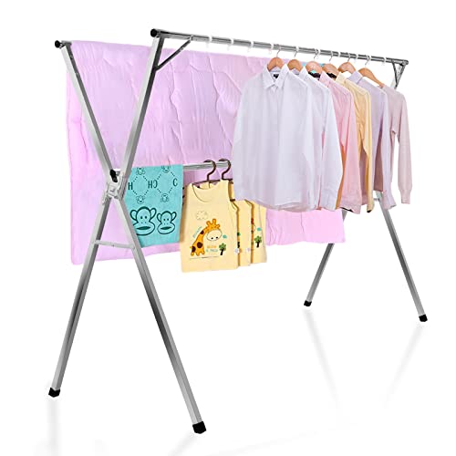 TORIBIO Clothes Drying Rack, 59 Inch Retractable Laundry Drying Rack Folding Indoor Outdoor, Length Adjustable Saves Space Heavy Duty Stainless Steel Clothing Drying Rack with Windproof Hooks