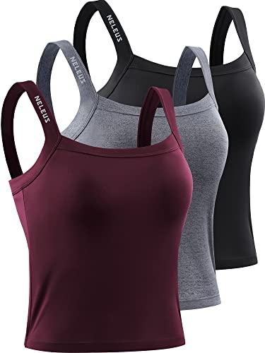 NELEUS Women's 3 Pack Compression Athletic Tank Top with Bra,8088,Black/Grey/red,Medium