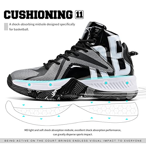 ASHION Little Big Youth Kids Basketball Shoes Boys High-Top Sneakers Girls Outdoor Sports Shoes Black Silver,4 Big Kid