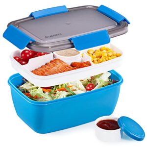 caperci salad lunch container with 68 oz salad bowl - large adult bento lunch box, 5-compartment bento-style tray for toppings, 2pcs 3-oz sauce cups for dressings, stackable, bpa-free (blue)