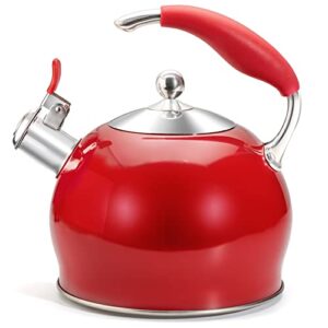sotya whistling tea kettle for stovetop, 3 quart stainless steel teakettle teapot with upgraded version silicone anti-scald handle, suitable for all heat source (red)