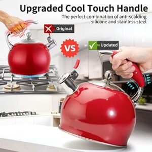 Sotya Whistling Tea Kettle for Stovetop, 3 Quart Stainless Steel Teakettle Teapot with Upgraded Version Silicone Anti-Scald Handle, Suitable for All Heat Source (Red)