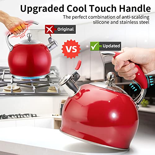 Sotya Whistling Tea Kettle for Stovetop, 3 Quart Stainless Steel Teakettle Teapot with Upgraded Version Silicone Anti-Scald Handle, Suitable for All Heat Source (Red)