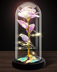 otlonpe rose flower womens gifts for christmas,birthday gifts for women,led light up rose in glass dome gifts for mom,colorful glass flower forever rose gifts for her anniversary,indoor decor-rainbow