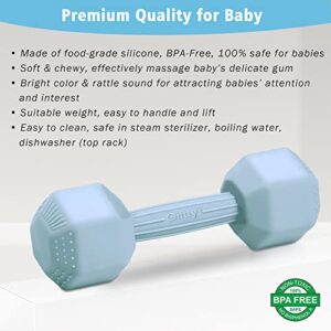 Baby Dumbbell Infant Rattle Silicone Teething Toy Teether Infants Toddler Sensory Toy Exercises Weight - Made of 100% Food-Grade Silicone, Safe for Baby Boys and Girls (1pcs 4.8oz - Blue)