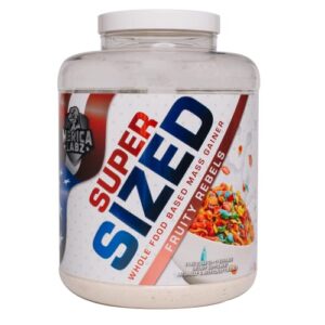 'merica labz super sized whole food based mass gainer with 46g of protein, includes digestive enyzmes for easy digestion, 5 lbs (fruity rebels)