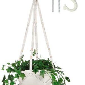 Shineloha 43 Inches Macrame Plant Hanger Large for up to 12 inch Pot | Extra Long + Hook | No Tassel, Cotton Rope Hanging Plant Holder with Swag Hook, NO Plant/Pot Included (White)…