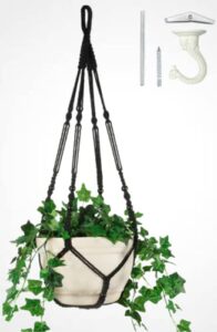 shineloha 43 inches macrame plant hanger large for up to 12 inch pot | extra long + hook | no tassel, cotton rope hanging plant holder with swag hook, no plant/pot included (black)