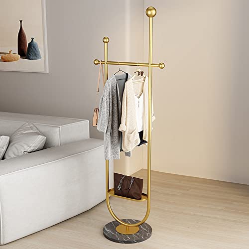 FJANKUI Metal Coat Rack Standing, Modern Floor Freestanding Coat Hanger Rack with Marble Base and Shelves, for Bedroom, Living room, Hallway, Entryway, Office and Shop (Gold)