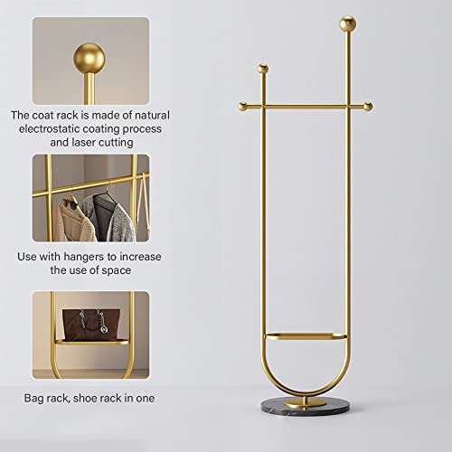 FJANKUI Metal Coat Rack Standing, Modern Floor Freestanding Coat Hanger Rack with Marble Base and Shelves, for Bedroom, Living room, Hallway, Entryway, Office and Shop (Gold)