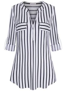 bulotus 3/4 sleeve shirts for women plus size, ladies tops and blouses casual summer fall v neck long tunics to wear with leggings business casual, stripe, x-large