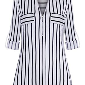 Bulotus 3/4 Sleeve Shirts for Women Plus Size, Ladies Tops and Blouses Casual Summer Fall V Neck Long Tunics to Wear with Leggings Business Casual, Stripe, X-Large