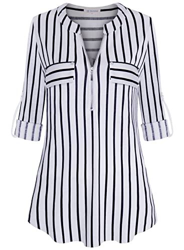 Bulotus 3/4 Sleeve Shirts for Women Plus Size, Ladies Tops and Blouses Casual Summer Fall V Neck Long Tunics to Wear with Leggings Business Casual, Stripe, X-Large