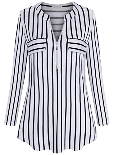 Bulotus 3/4 Sleeve Shirts for Women Plus Size, Ladies Tops and Blouses Casual Summer Fall V Neck Long Tunics to Wear with Leggings Business Casual, Stripe, X-Large