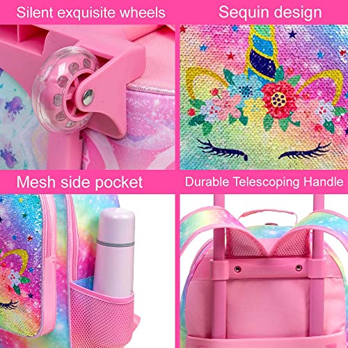 4PCS Rolling Backpack for Girls,Kids Unicorn Bookbag with Roller Wheels, Suitcase School Bag Set for Toddler Elementary