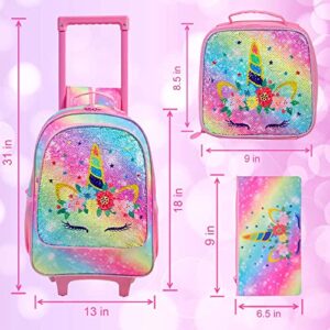 4PCS Rolling Backpack for Girls,Kids Unicorn Bookbag with Roller Wheels, Suitcase School Bag Set for Toddler Elementary