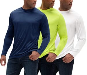 devops men's 3pack upf 50+ dri fit workout moisture wicking long sleeve t-shirt (medium, navy/safty green/white)