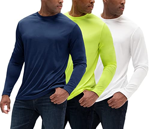 DEVOPS Men's 3Pack UPF 50+ Dri fit Workout Moisture Wicking Long Sleeve T-Shirt (Medium, Navy/Safty Green/White)