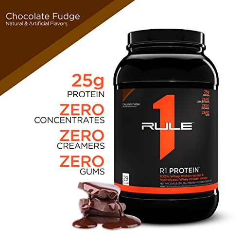 Rule 1 R1 Protein, Chocolate Fudge - 2.01 lbs Powder - 25g Whey Isolate & Hydrolysate + 6g BCAAs - 29 Servings