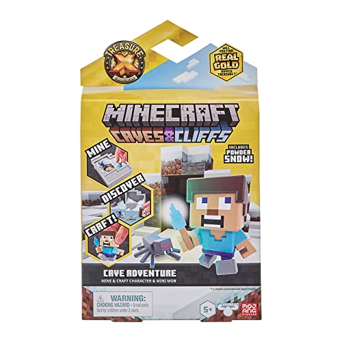 Treasure X Minecraft Caves & Cliffs Cave Adventure Pack. Mine, Discover & Craft with 16 Levels of Adventure, Mine & Craft Character & Mini Mob to Collect. Will You find The Real Gold Dipped Treasure?