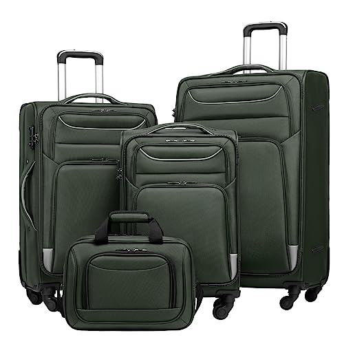 Coolife Luggage 4 Piece Set Suitcase TSA Lock Spinner Softshell lightweight (dark green)