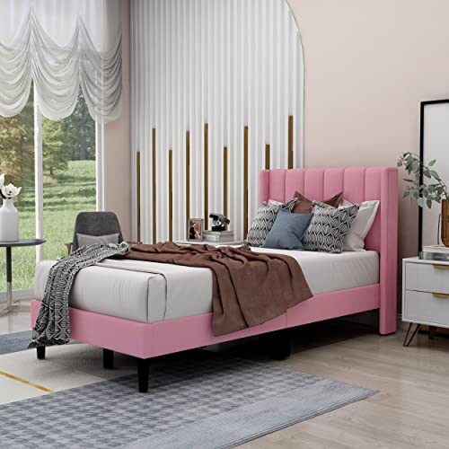 Zavoter Twin Upholstered Platform Bed Frame with Headboard, Mattress Foundation, Wood Slat Support, Quiet, no Box Spring Needed, Easy to Assemble Pink