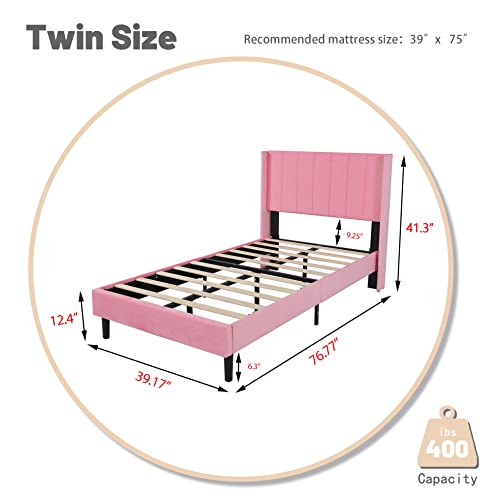 Zavoter Twin Upholstered Platform Bed Frame with Headboard, Mattress Foundation, Wood Slat Support, Quiet, no Box Spring Needed, Easy to Assemble Pink