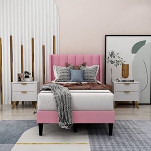 Zavoter Twin Upholstered Platform Bed Frame with Headboard, Mattress Foundation, Wood Slat Support, Quiet, no Box Spring Needed, Easy to Assemble Pink