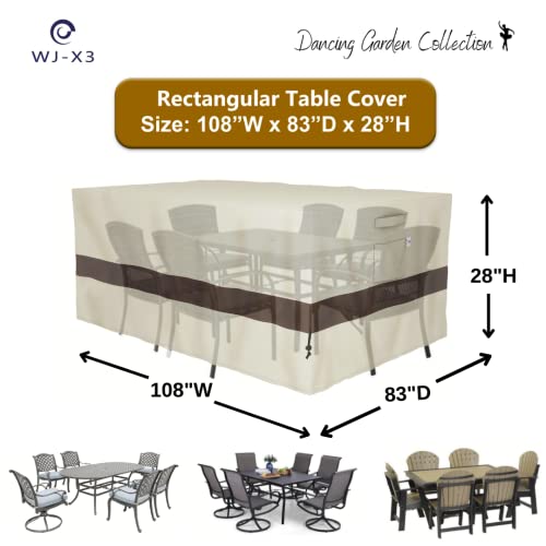 WJ-X3 Rectangular Outdoor Table Cover, Heavy Duty Furniture Cover waterproof, High Wind Resistant Design for Patio Furniture 108W x 83D x 28H Inches, Beige & Coffee