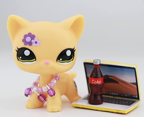 Junior Pet Shop lps Cat 1962, lps Shorthair Cat Yellow Body Purple Flower Kitten with lps Accessories Necklace Laptop Coke Kids Gift