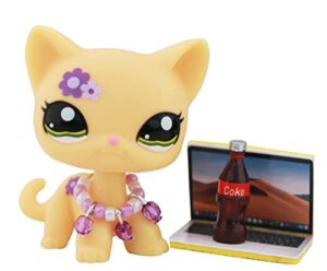 junior pet shop lps cat 1962, lps shorthair cat yellow body purple flower kitten with lps accessories necklace laptop coke kids gift